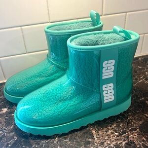 UGG CLASSIC CLEAR MINI WATERPROOF TEAL FAUX FUR ANKLE BOOTS